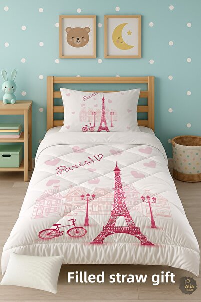 Talia Home Paris Eiffel Tower Patterned Single Children's Quilt Sleeping Set Tlag-105
