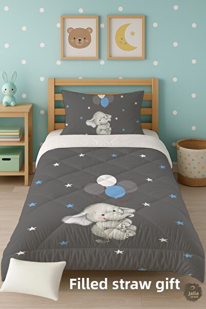 Talia Home Gray Blue Balloon Elephant Patterned Single Children's Quilt Sleeping Set Tlag-285