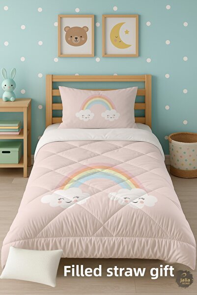 Talia Home Rainbow and Cute Cloud Patterned Single Children's Quilt Sleeping Set Tlag-242