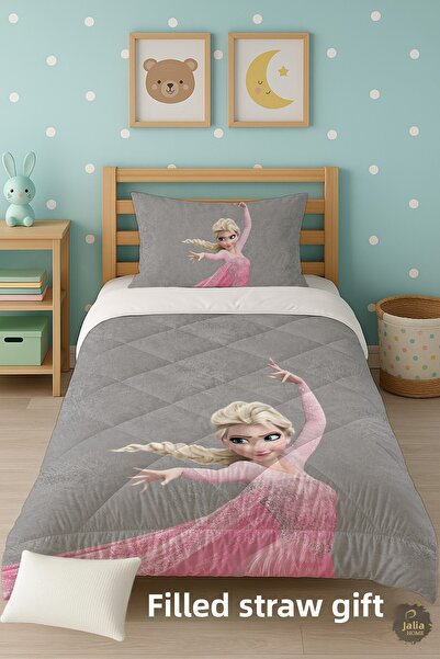 Talia Home Gray Elsa Patterned Single Children's Quilt Sleeping Set Tlag-274