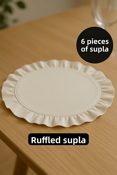 Morlay 6-Piece Placemat Set - Ruffled Cotton Linen, 40 cm - Natural Beige Color