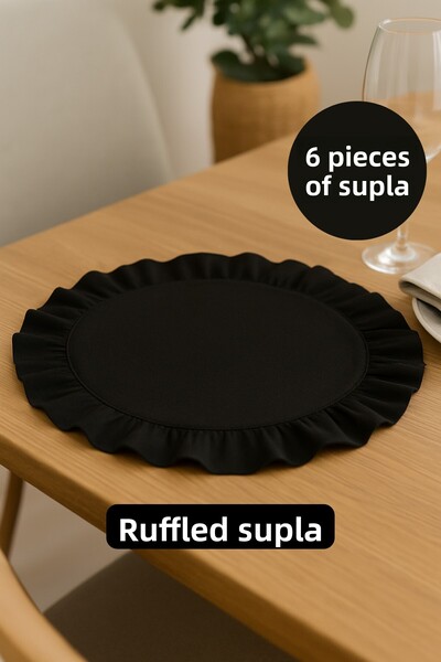 Morlay 6-Piece Placemat Set - Ruffled Cotton Linen, 40 cm - Black Color