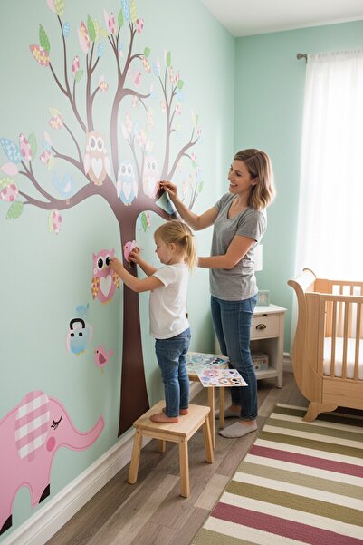 KT Decor Elephant-owls-birds-brown Tree And Colorful Leaves Xxl Kids Room Wall Sticker