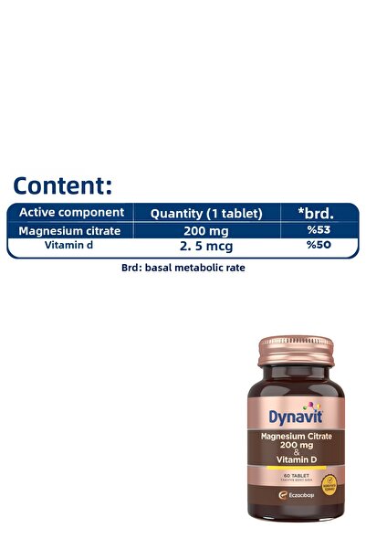 Dynavit Magnesium Citrate 200 Mg, Vitamin D 60 Tabs & Vitamin C Vitamin D3 Zinc 15 Efer - Güne Devam Package