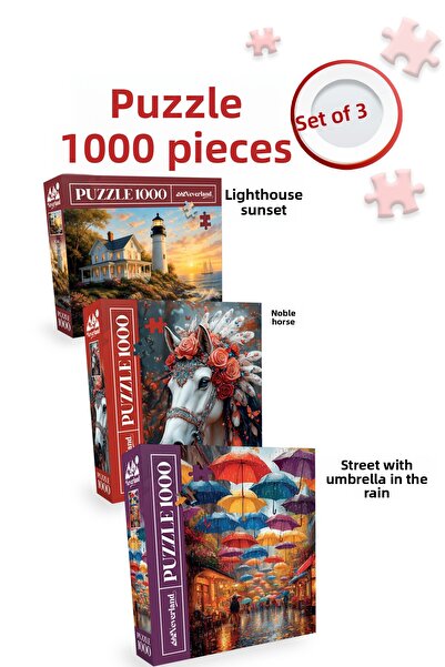 Neverland 3 Pcs 1000 Piece Puzzle - Street with a Lighthouse Sunset and Rainy...