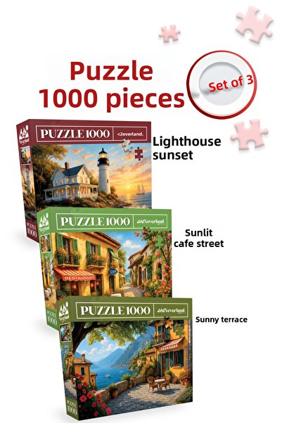Neverland 3 Pcs 1000 Piece Puzzle - Lighthouse Sunset and Sunny Cafe Street a...