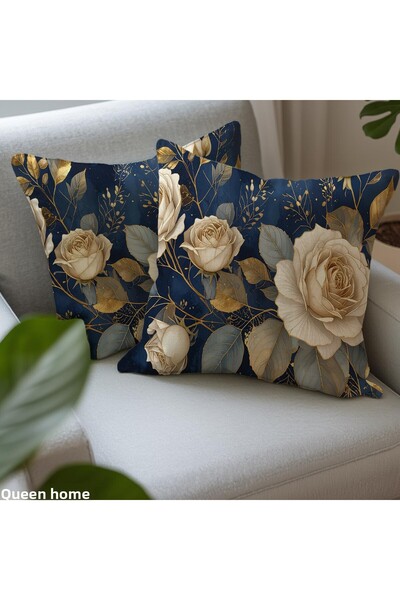QueenHome Luxury Navy Blue with Gold Rose Pattern Throw Pillow Cover – Decorative Pillowcase Set of 2
