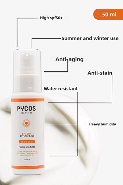PYCOS COSMETICS واقي شمسي للوجه بمعامل حماية SPF 50 - مضاد للعيوب، 50 مل، لجم...