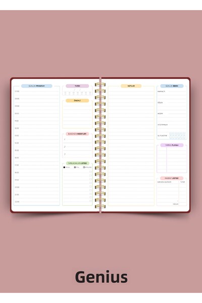 Dahiyen A5 Spiral Linen Undated Planner Agenda - Burgundy Hard Cover