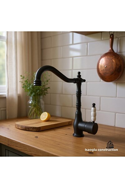 İSAOĞLU YAPI Matte Black Zen Design Rustic Kitchen Faucet Rustic Sink Faucet Black Kitchen Faucet