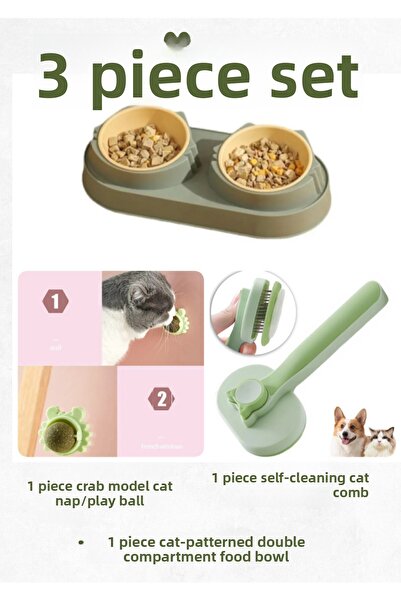 Vitastyle Cat 3-Piece Set; Double Compartment Food Bowl & Self-Cleaning Cat Comb & Crab Model Cat Brush