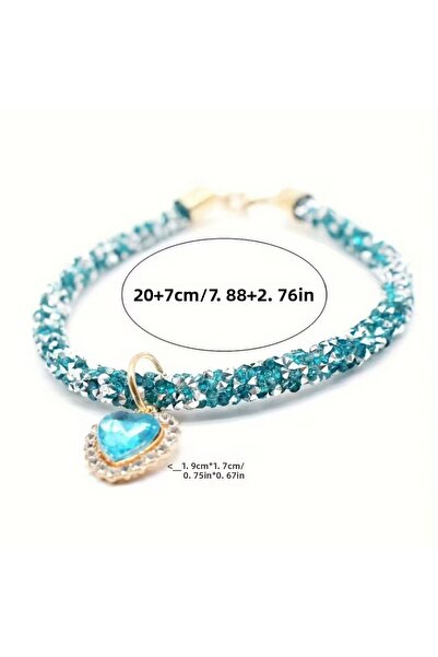 BABUN Sparkling Heart Ornamented Cat Dog Collar Necklace with Stones Animal Accessories Luxury Pet Leash Blue
