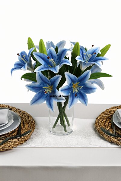 Yapay Çiçek Deposu زهرة اصطناعية فاخرة مكونة من قطعتين، زهرة النمر الرطبة، 40 سم، أزرق داكن