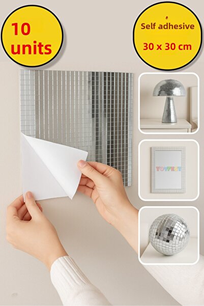 TOYFEST 10-Piece Self-Adhesive Silver Mirror Mosaic Disco Sticker Wall Item Decorative Covering 30X30 cm
