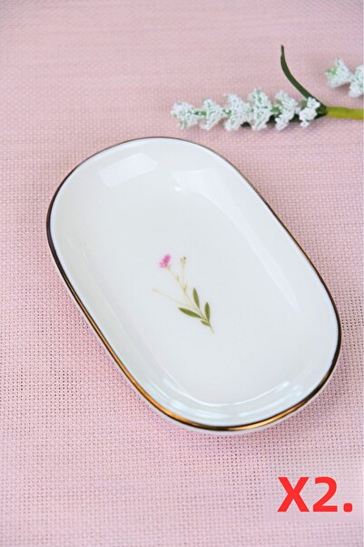 tabakevi Tabak Evi Porcelain Natura Broadcloth Gold Gilded Oval Boat-Shaped Tray 14X9X2.50Cm 2 Pieces