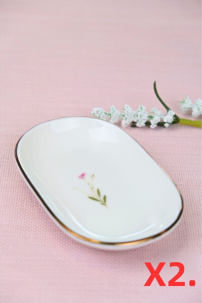tabakevi Tabak Evi Porcelain Natura Broadcloth Gold Gilded Oval Boat-Shaped Tray 14X9X2.50Cm 2 Pieces
