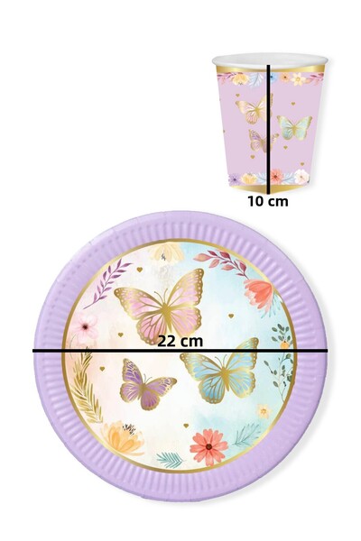 Le Mabelle Lilac Butterfly Themed Set of 8 Cups and Plates