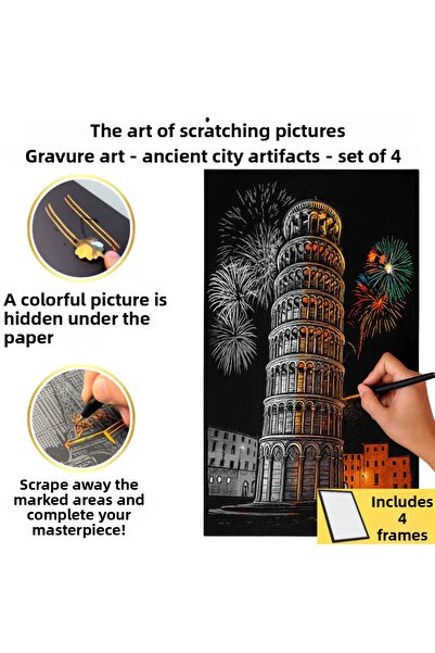minyaturia Scratching Drawing Set |   Ancient City Artifacts - 4 Pieces |   Hobby Set, Includes Painting and Pen