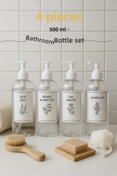 Dem Home Σετ 4 διαφανών πλαστικών μπουκαλιών μπάνιου Σαμπουάν-αφρόλουτρο-μαλακτικό-βρεφικό σαμπουάν 500 ml Καπάκι αντλίας