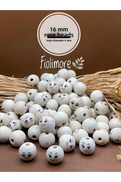 Fiolimore 16 мм дървени мъниста с усмихнато лице (5 броя) Малка дупка 4 мм су...