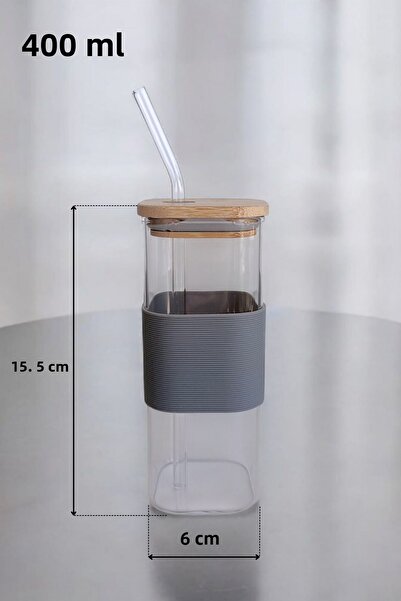 Panhera Square Glass Cup with Bamboo Lid and Straw 400 ml |   Gray