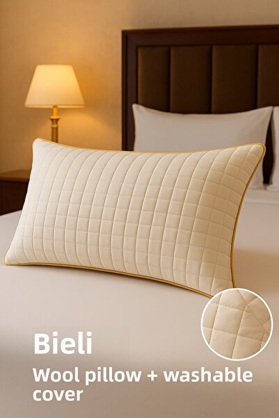 MEŞELİ TEKSTİL 2-Piece Natural Luxury Wool Pillow and Wool Pillowcase with Special Bias Tape Detail |   Durable Organic