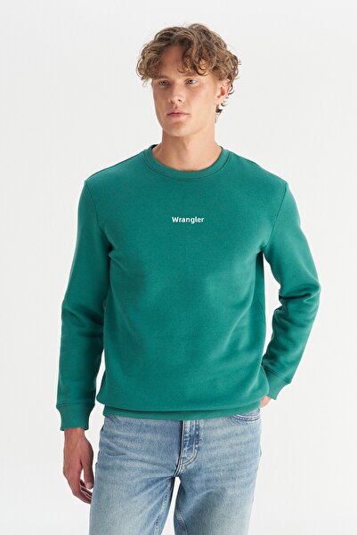 WRANGLER Regular Fit Normal Cut Crew Neck Green Sweatshirt with Fleece Inside