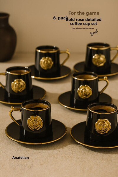 Anadolu Saray 6 Pieces Gold Rose Detailed Luxury Porcelain Turkish Coffee Cup Set – Stylish and Elegant Design