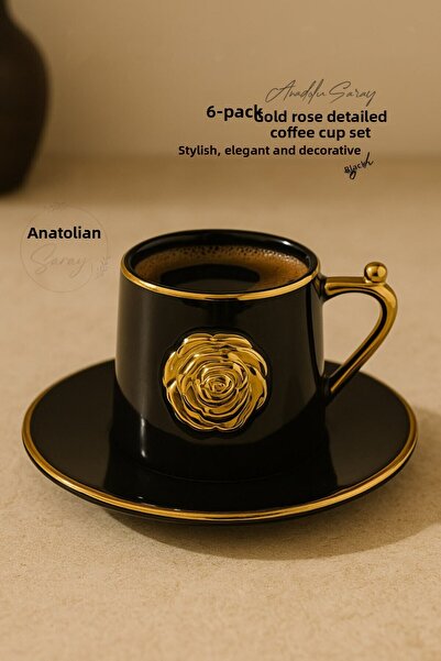 Anadolu Saray 6 Pieces Gold Rose Detailed Luxury Porcelain Turkish Coffee Cup Set – Stylish and Elegant Design