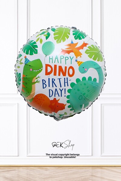 PEKSHOP بالون عيد ميلاد ديناصور سعيد دائري الشكل بحجم 45 سم