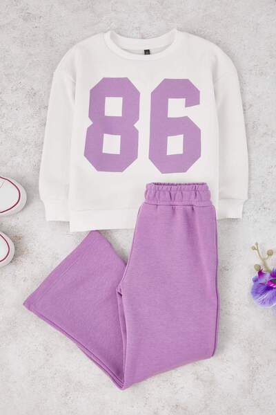 TRENDYOLKIDS طقم سترة محبوكة للفتيات من القطن المطبوع باللون الأرجواني - طقم علوي وسفلي TKDAW26AU00030