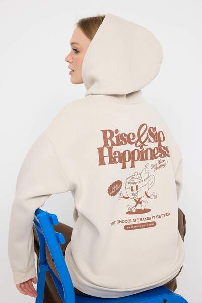 Trendyol Collection Φούτερ με κουκούλα με στάμπα Teen Stone Oversize/Φαρδιά εφαρμογή, με χοντρό φλις εσωτερικά, πλεκτό φούτερ TWOAW26SW00164