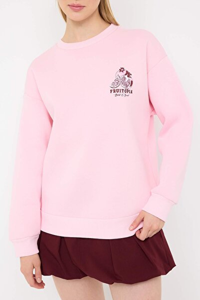 Trendyol Collection Light Pink Back and Front Fruit Printed Oversize/Loose Cut Knitted Sweatshirt Twoaw26Sw00128