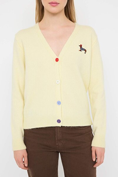 Trendyol Collection Yellow Teen Dog Embroidered V-Neck Soft Textured Knitwear Cardigan Twoaw26Hi00273