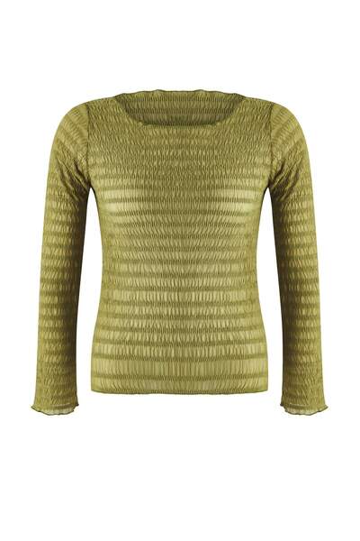 Trendyol Curve Khaki Fitted/Slim Fit Textured Tulle Stretch Knitted Plus Size Blouse Tbbaw26Af00030