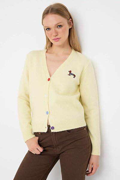 Trendyol Collection Yellow Teen Dog Embroidered V-Neck Soft Textured Knitwear Cardigan Twoaw26Hi00273