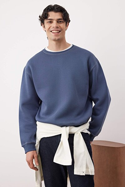 Trendyol Collection Pale Indigo Oversize/Wide Cut Contrast Stitching Detail Crew Neck Sweatshirt Tmnaw24Sw00011