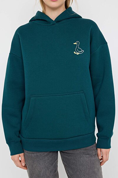 Trendyol Collection Teen Emerald Green Back Printed Oversize/Wide Fit Thick Inner Fleece Knitted Sweatshirt Twoaw26Sw00165
