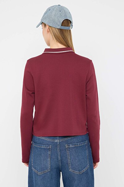 Trendyol Collection Teen Burgundy Tok Fabric Vyšívaný Polo límec Knoflík Regular/Standard Fit Pletená halenka TWOAW26BZ00014