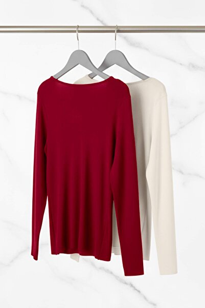 Trendyol Curve Burgundy-Multi 2 Pack V Neck Fitted/Slim Fit Cotton Stretchy Knitted Blouse Tbbaw26Af00018