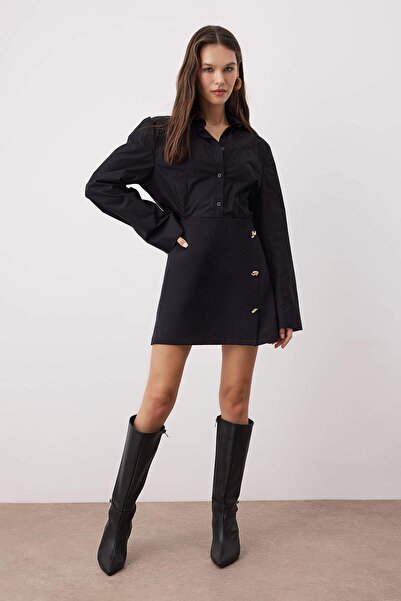 Trendyol Collection Black Accessory Button Woven A-Line/A-Line Mini Skirt Twoaw26Et00102