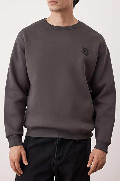 Trendyol Collection Anthracite Oversize/Loose Cut Cotton Basic Thick Embroidered Sweatshirt with Fleece Inside Tmnaw25Sw00011