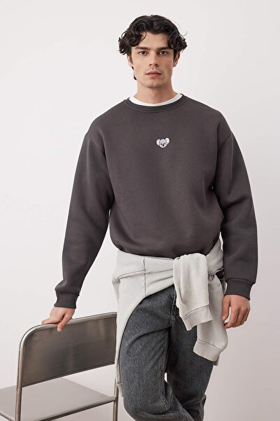 Trendyol Collection Anthracite Crew Neck Oversize/Wide Cut με φλις εσωτερικά κέντημα Penguin TMNAW24SW00064
