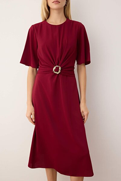 Trendyol Collection Burgundy Plain Accessory Detailed Midi Woven Dress Twoaw26El00067
