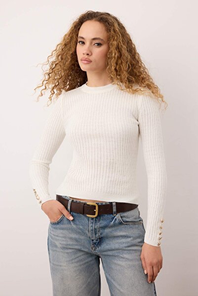 Trendyol Collection Ecru-Burgundy Crew Neck Hair Knit Double Knit Sweater Twoaw26Kz00188