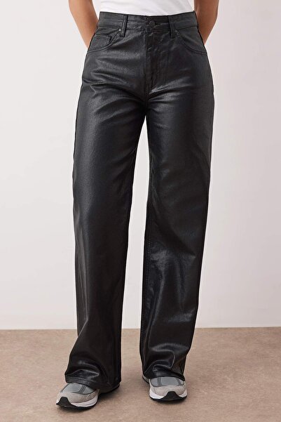 Trendyol Collection Black Plated High Waist Wide Leg Jeans Twoaw26Je00156