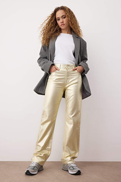 Trendyol Collection Blugi drepti cu talie înaltă placat cu aur TWOAW26JE00155