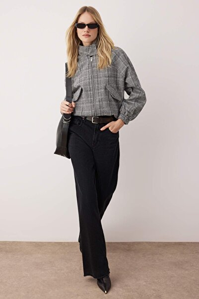 Trendyol Collection Multi-Colored Plaid Pattern Regular Fit Cashmere Bomber Slim Jacket Coat Twoaw26Mo00137