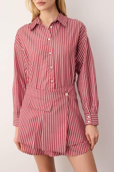 Trendyol Collection Limited Edition Burgundy Striped Shirt Detailed Mini Woven Dress Twoss25El00522