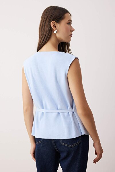 Trendyol Collection Light Blue Mercerized Look Asymmetric Degaje Collar Knitwear Thin Blouse Twoaw26Bz00001